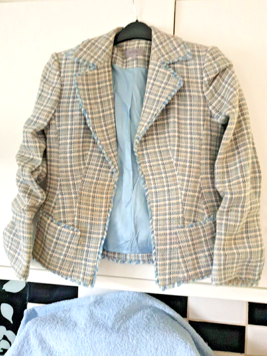 MARKS & SPENCER BLUE  MIX TEXTURED CHECK OPEN FRONT LINED JACKET SIZE 8