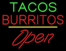 Tacos Burritos Open 24"x20" Neon Sign Lamp Light Nightlight Business Man Cave EY