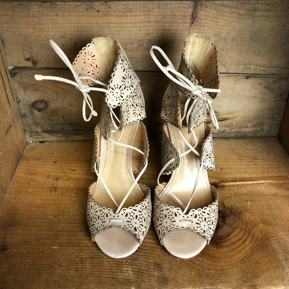 Schutz Women's Size 8 B Heels Beige Nude Leather High Stiletto Lace Up Open Toe  - Image 4 of 4