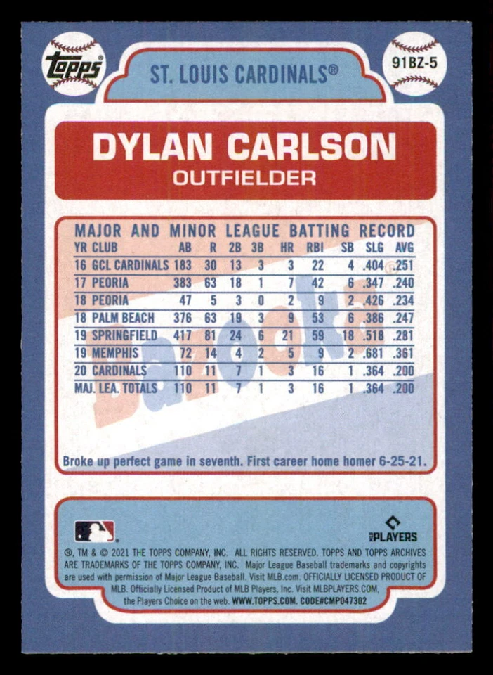 2021 Topps Archives '91 Bazooka Shining Stars #91BZ5 Dylan Carlson - Image 2 of 2