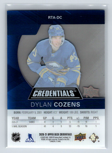 2020-21 UD Anmeldeinformationen #RTA-DC Dylan Cozens (RC) - Acetat Debüt Ticket 158/199 - Bild 2 von 2