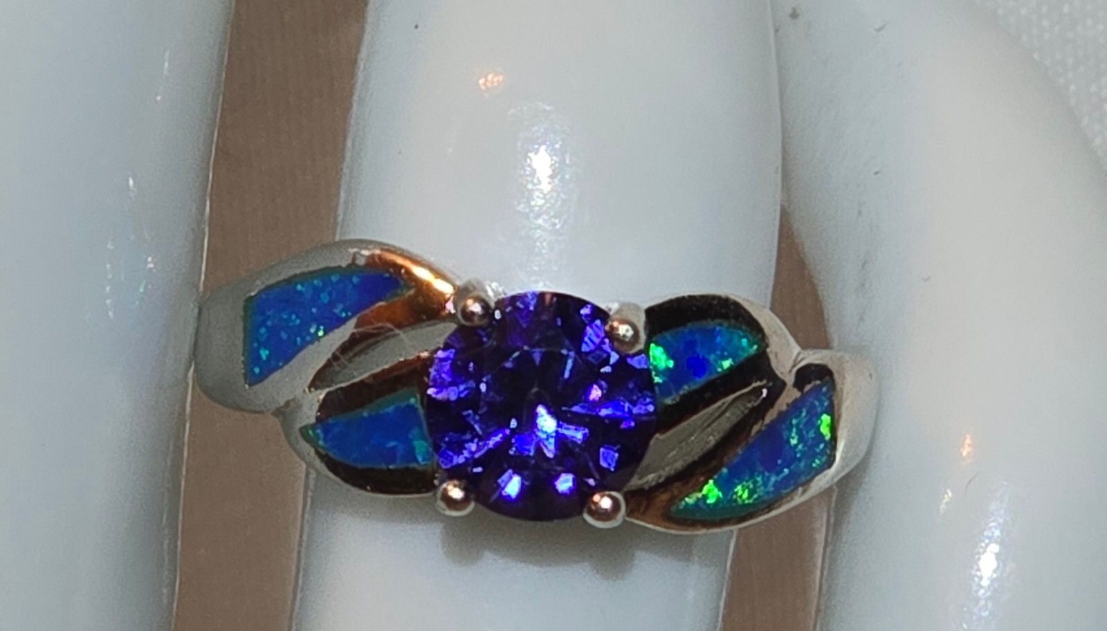 925 Sterling Silver Ring Size 8 Blue Opal Purple  Amethyst