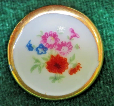 BOUTON - BIJOU ancien BOUQUET FLEURS EMAIL sur PORCELAINE ART DÉCO Ø: 24 mm - Photo 1/2