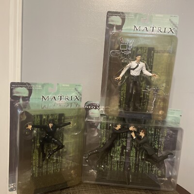 2000 The Matrix N2 Toys Neo vs. Agent Smith, Mr. Anderson, & Trinity BOX WEAR  