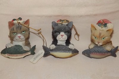 Cats w/Santa hats and fish,trout,Resin,NEW,Name space,personalize