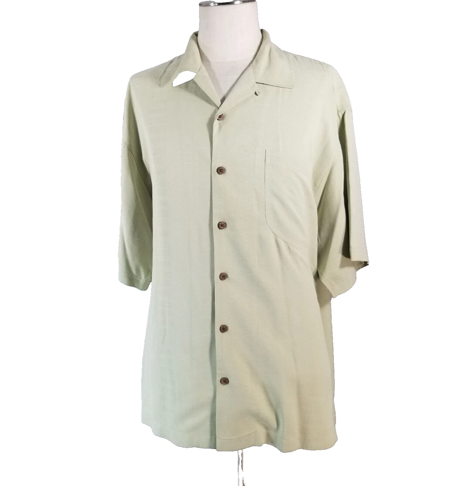Tommy Bahama silk shirts men's large green short sleeve ghost print embroidered