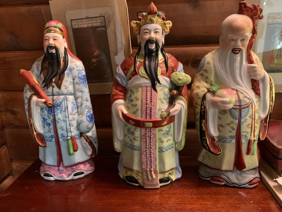 4 Figurines Netsuke En Porcelaine - Sages Chinois Dieux De La Chance - Vintage