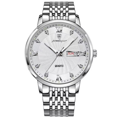 Men s Silver White Luxury Quartz Watch Waterproof Stainless Steel Sport