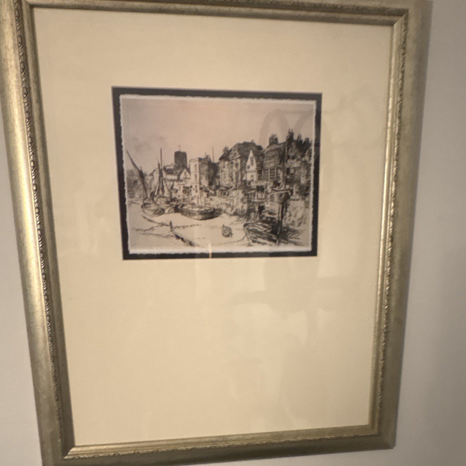 Framed Realism Cityscape Drawing Ships Buildings Ink Art Matted Medium