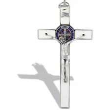 St Benedict White Silver Enamel Wall 7.5” Cross Crucifix Catholic Crucifijo Cruz