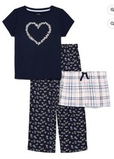 Wonder Nation-Girls-3 Piece Pajama PJ-Set-Heart-Plaid-Spring-Fall-Size XS 4-5 