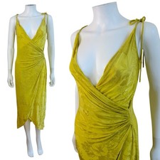 Vintage 2000s Emanuel Ungaro Chartreuse Draped Wrap Midi Floral Jacquard Dress