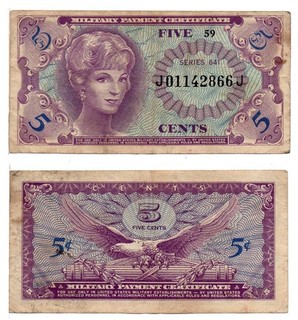 UNITED STATES 5 Cent Military Payment Certificate (1964) Series 641 Fine