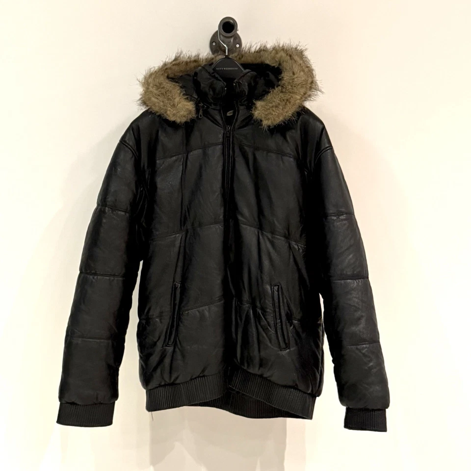 Black Leather Puffer Coat Fur Trimmed Hood / Hoodie Jacket Mens Full Zip Sz: 3XL - Image 2 of 4