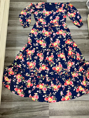Navy Floral Square Neck 3/4 Puff Sleeve Midi A-Line Dress Women s L