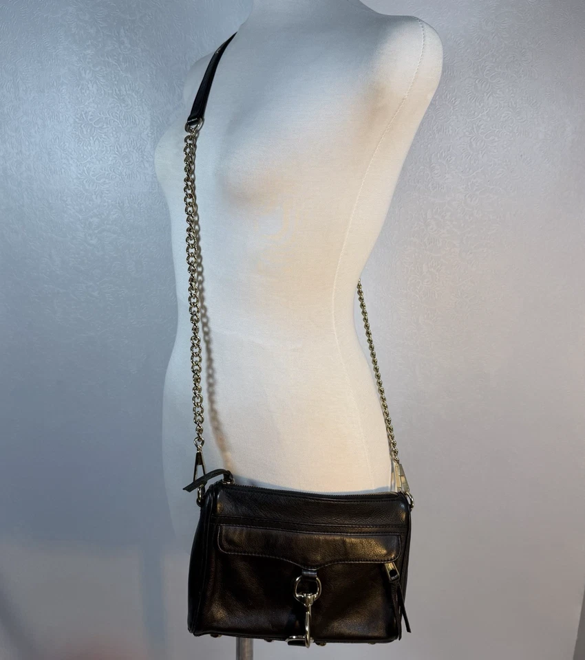 Rebecca Minkoff Mini MAC Black Leather Crossbody Bag Purse Gold Tone Chain Strap - Image 2 of 4