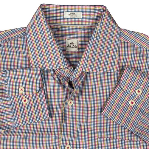 Peter Millar Men's Large Blue Yellow Pink Plaid Long Sleeve Button Front Shirt