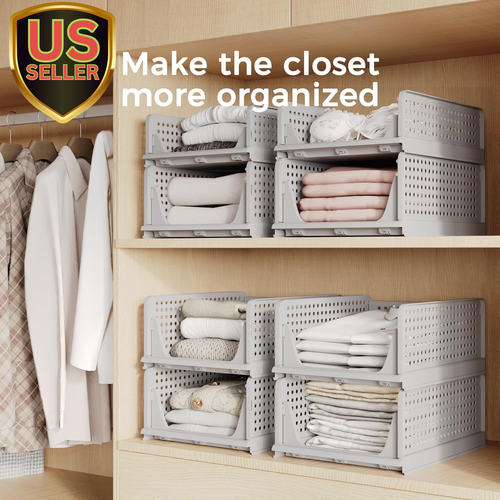 4 Pack Folding Closet Organizers Storage Box, Stackable Plastic Drawer Basket...