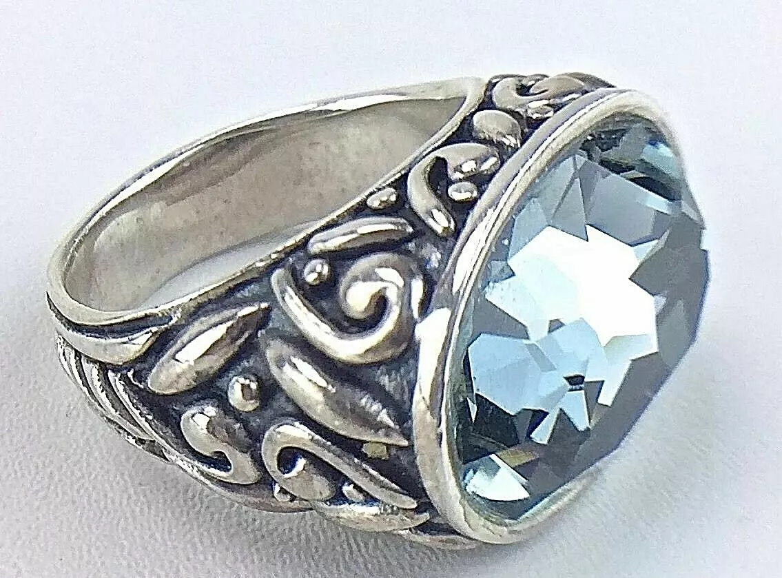 BARSE Womens Ring 925 Sterling SiIver ITALY Size 7 Oval Aquamarine Rhinestone