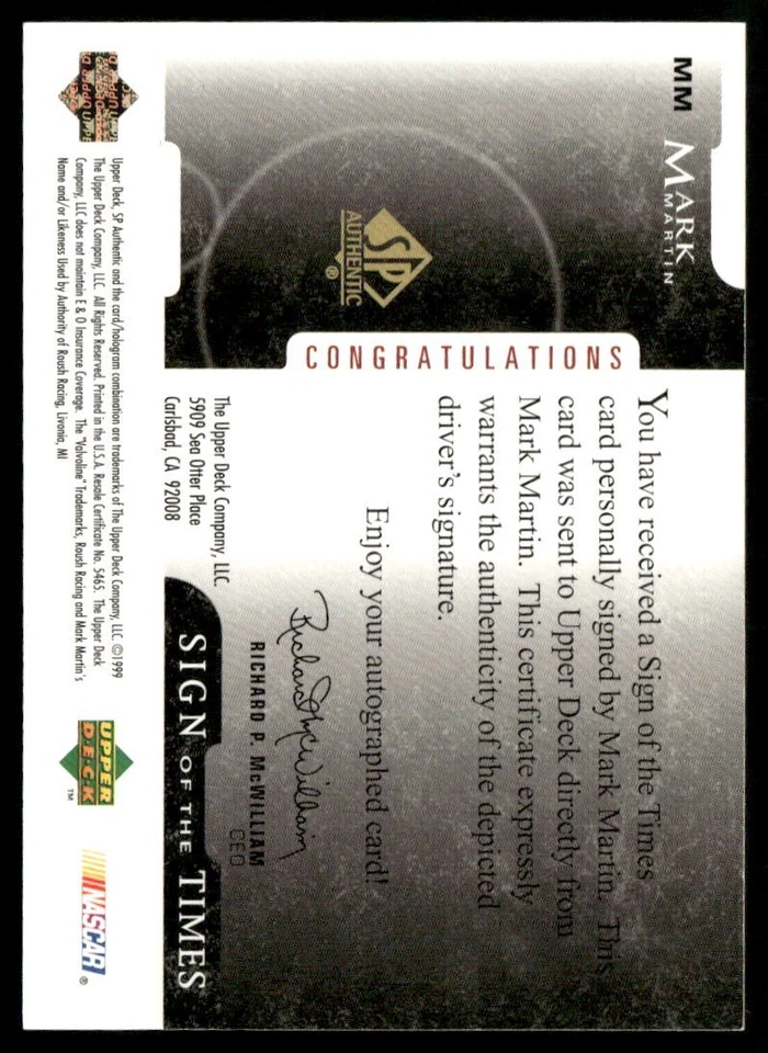 1999 SP Authentic Sign of the Times Auto #MM Mark Martin - Image 2 of 2
