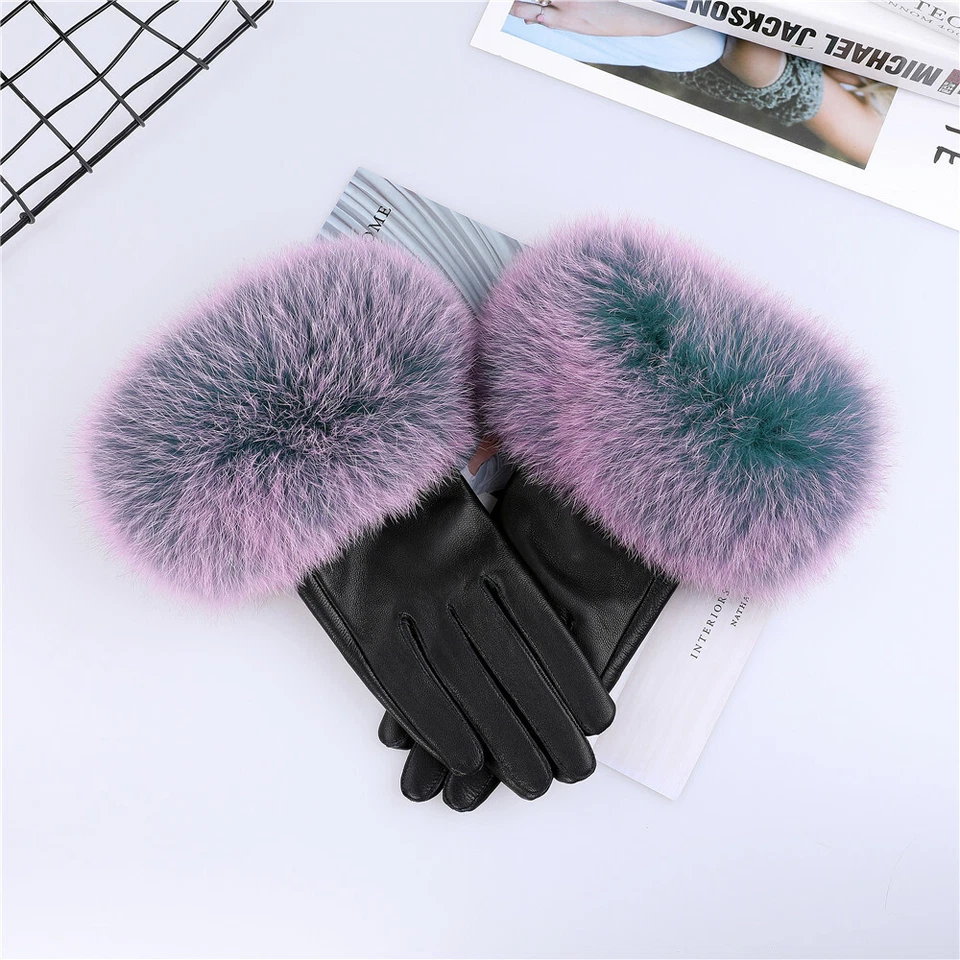 Guantes de cuero de piel de oveja real para mujer puños de piel de zorro guantes cálidos de invierno Foto 4 de 4