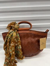 Patricia Nash TOAST COGNAC  Oliena Braided  Leather Satchel PURSE W/ FREE SCARF
