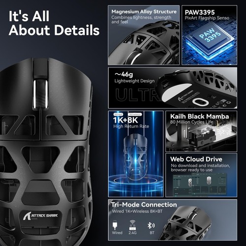 ATTACK SHARK R3 46g Magnesium Alloy Mouse, PixArt PAW3395 BT/2.4G/Wired,26000DPI - Picture 5 of 64