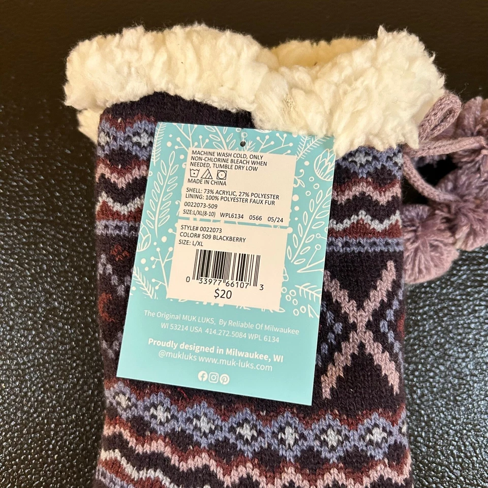 Calcetines de cabina MUK LUKS cálidos acogedores forrados difusos pompón púrpura para mujer L/XL 8-10 NUEVOS CON ETIQUETAS Foto 3 de 4