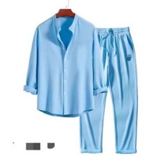 2025 Men's Casual Loose Beach Long-sleeved Set Business Comfort Shirt pants New