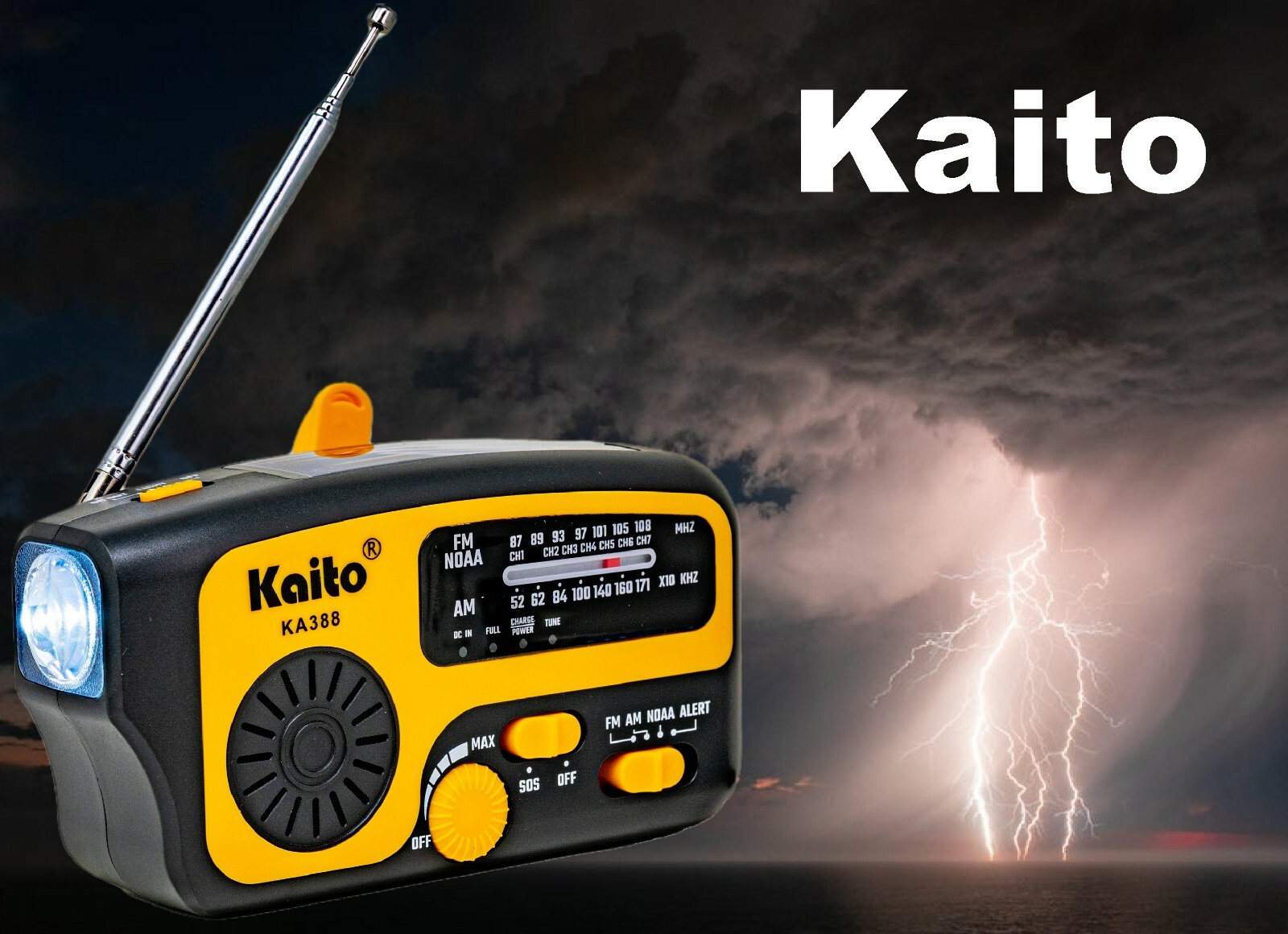 Kaito KA388 AM/FM NOAA Weather Alert Emergency Radio with Crank and Solar Yellow