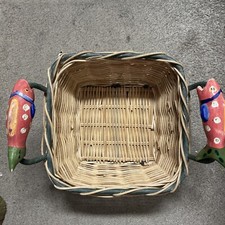 Square Wood/Wicker Basket w/ Ceramic Painted Fish Handles