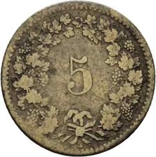 MONETA SVIZZERA HELVETIA FRANCHI 5 CENT 1850