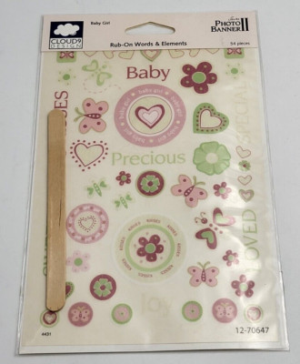 Cloud9 Design Photo Banner 2 Rub-On Words & Elements Baby Girl 54 Pieces - New
