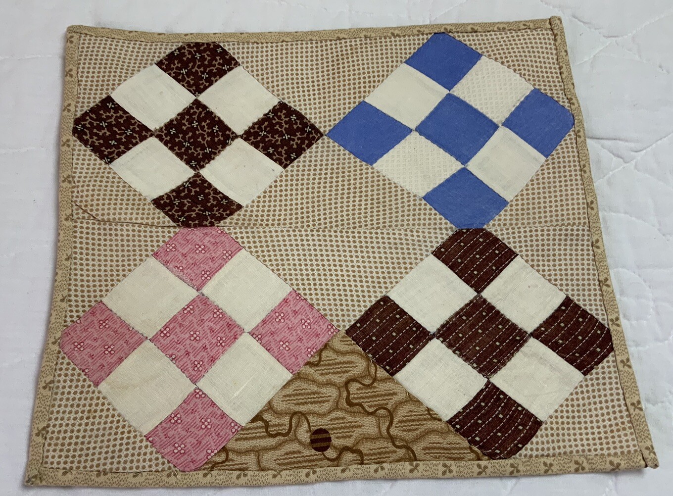 Vintage Antique Patchwork Quilt Table Topper, Nine Patch, Brown, Beige, Blue