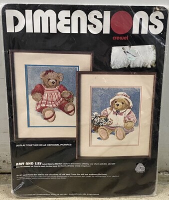 VTG DIMENSIONS DAWNA BARTON AMY & LILY TEDDY BEAR CREWEL EMBROIDERY SAMPLER KIT
