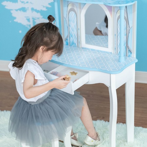 Girls 6pc Vanity Set Blue White Castle Princess Table Mirror Stool Makeup Drawer - Picture 4 of 10