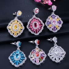 Gorgeous Silver Plated Multicolor Cubic Zirconia Dangle Drop Earrings for Women
