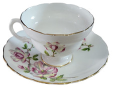 Vtg Royal Crown English Bone China Teacup Saucer GoldPink Green Magnolia Flower