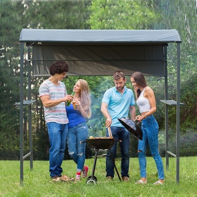 7ft Outdoor Double-tier BBQ Grill Canopy Gazebo w/ 2 Shelf, 5 Hooks