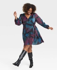 NEW Ava & Viv Women's XXL Balloon Long Sleeve Midi Faux Wrap Dress Pockets