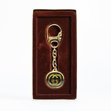 Gucci GG Round Logo Key Ring Holder Gold Plated Enamel Chain Purse Charm Box