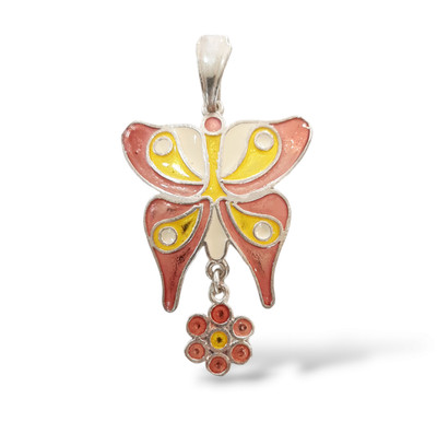 BUTTERFLY AND FLOWER PENDANT IN 925 SILVER AND PINK AND YELLOW ENAMEL