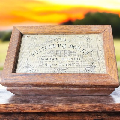Vtg Reed Baxter Woodcrafts Old Stitchery Rustic Wood Box W Lid
