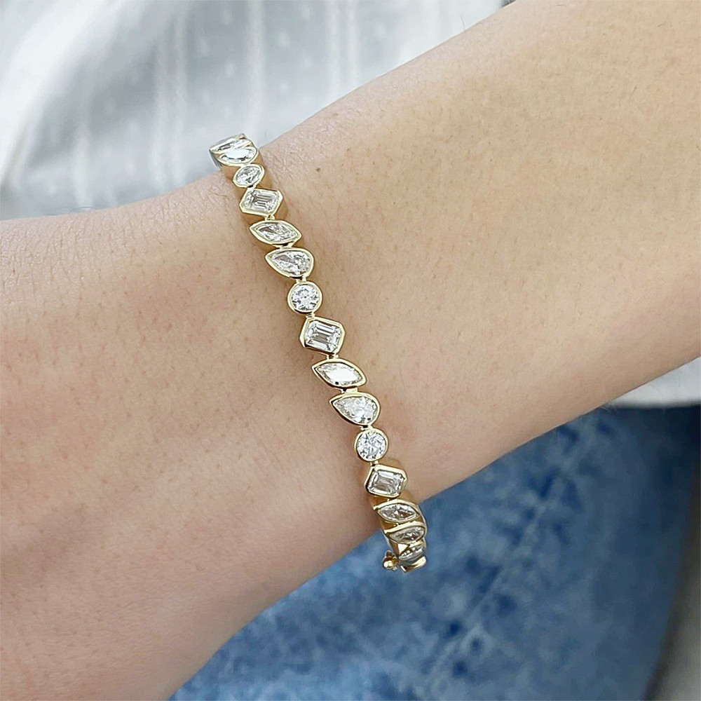 Lab Grown Diamond Bezel Tennis Bracelet Multi Shape 14k Yellow Gold Gift Women