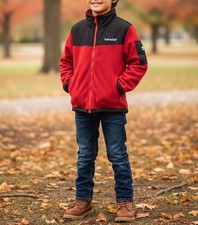 Timberland Boys Red  Black Fleece Jacket Size S 4/5 Full Zip Polyester Logo