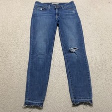 Levi's 711 Jeans Womens sz 27 Blue Denim Mid Rise Skinny Raw Hem Distressed