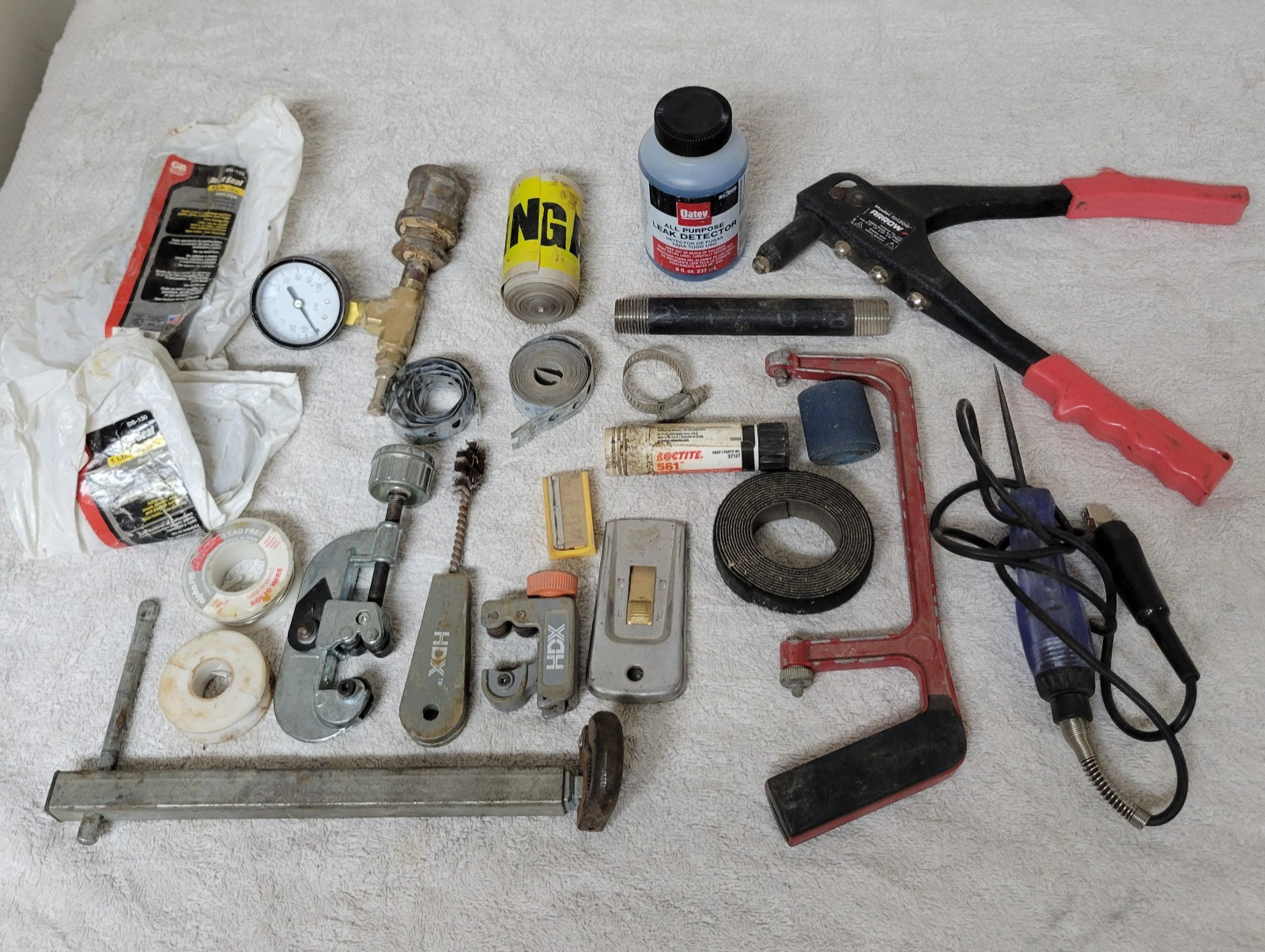 Lot of Plumbing Tools, Supplies, scrapers, Solder, Flaring - Husky, HDX, Arrow