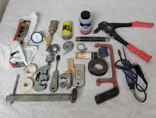 Lot of Plumbing Tools, Supplies, scrapers, Solder, Flaring - Husky, HDX, Arrow