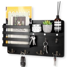 Decorative Key Hanging Rack with 10 Hooks – Easy Install Natural Wooden Key a...