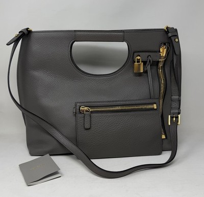 Tom Ford Large Grey Leather Alix Padlock Foldover Tote Bag